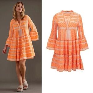 Devotion Twins Orange Boho Embroidered Tiered Mini Dress M Greek Cotton EUC